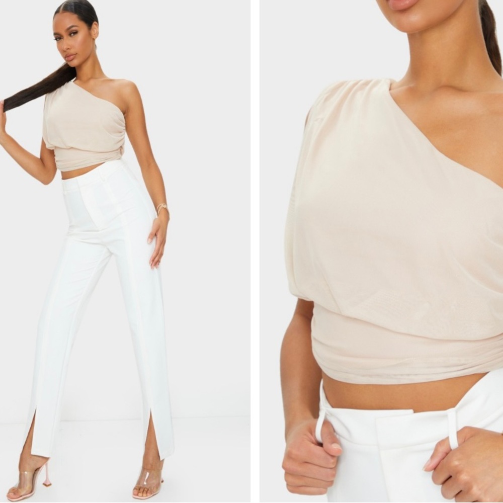 PrettyLittleThing Nude Mesh Ruched One Shoulder Crop Top